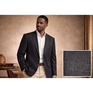 Hart Schaffner Marx Wool Navy Windowpane 2 Button Blazer 43L Sport Coat Work